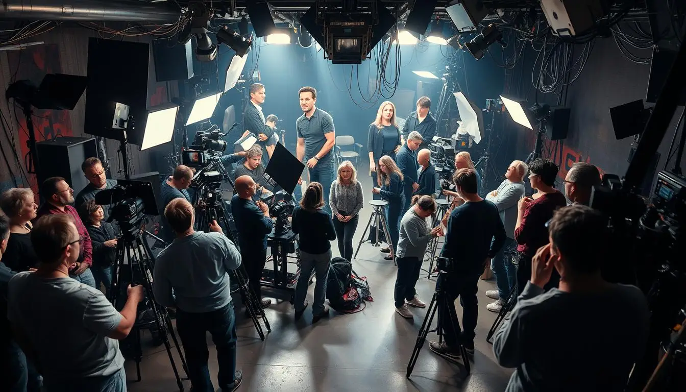 bastidores de gravações, vida no set, cinema e TV